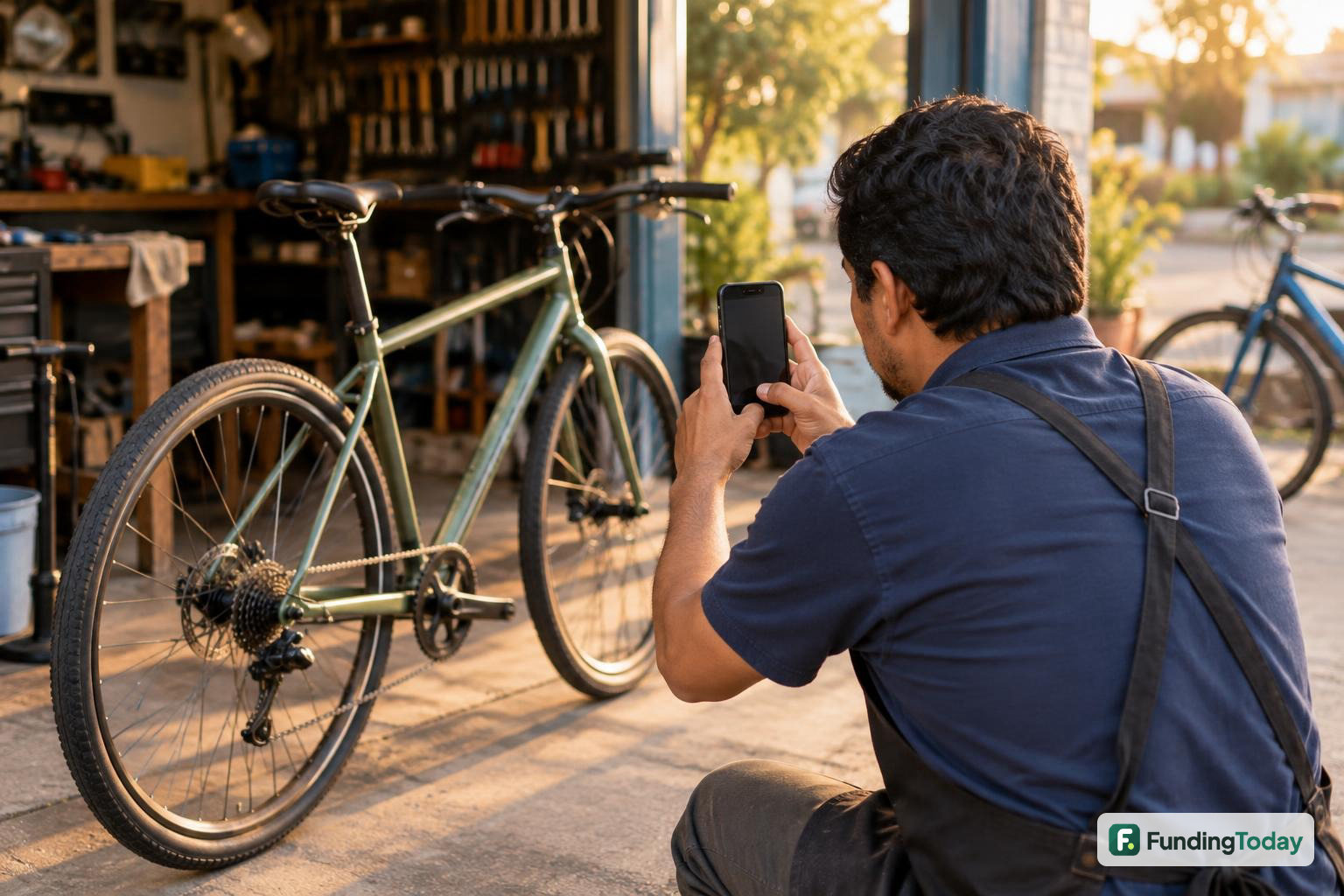 Bicycle shop owner taking a business photo to accompany Google Business Profile tips