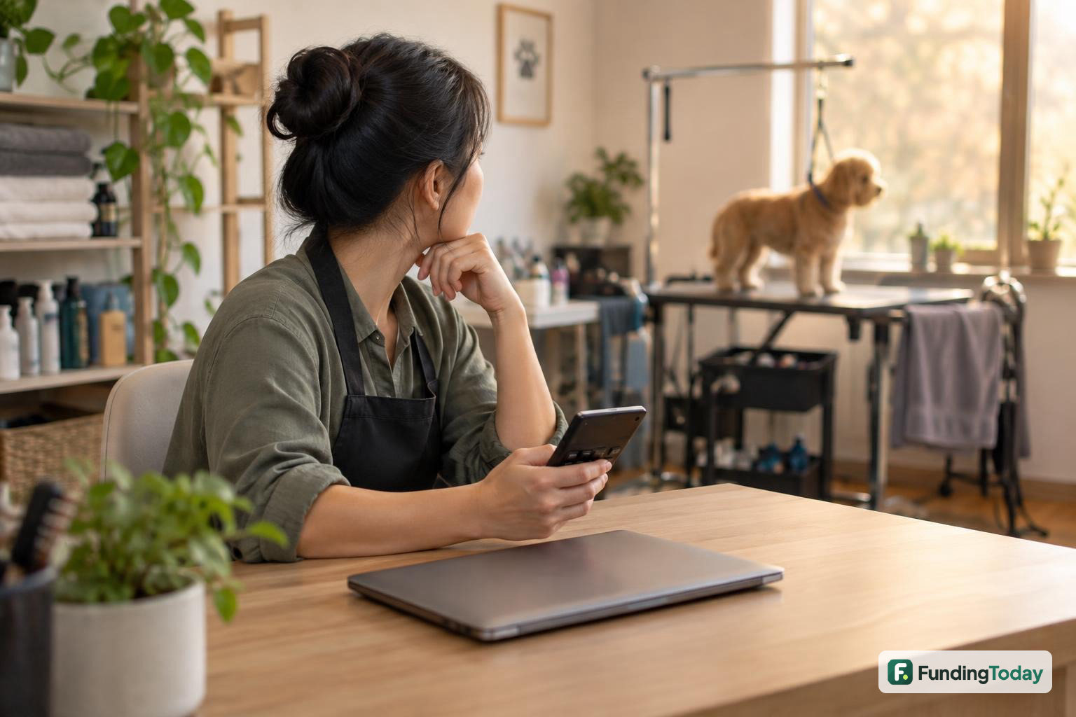 Pet-grooming owner reviewing her small business digital marketing budget