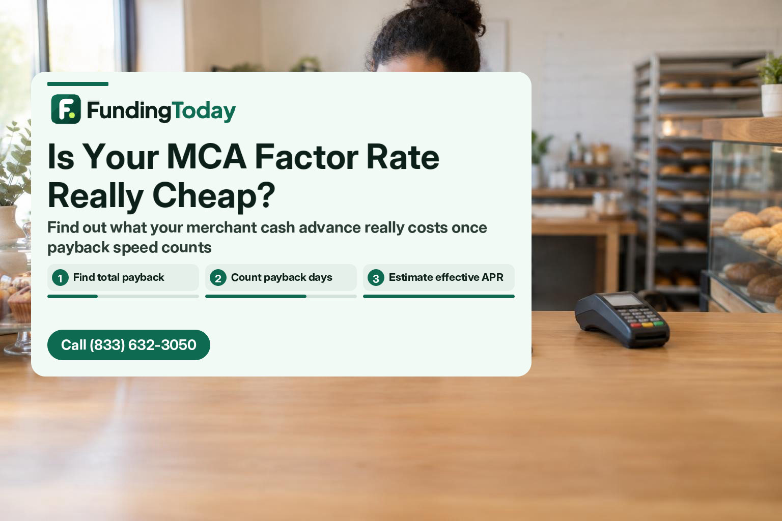 Small business owner using a calculator to compare factor rate vs APR on a merchant cash advance offer