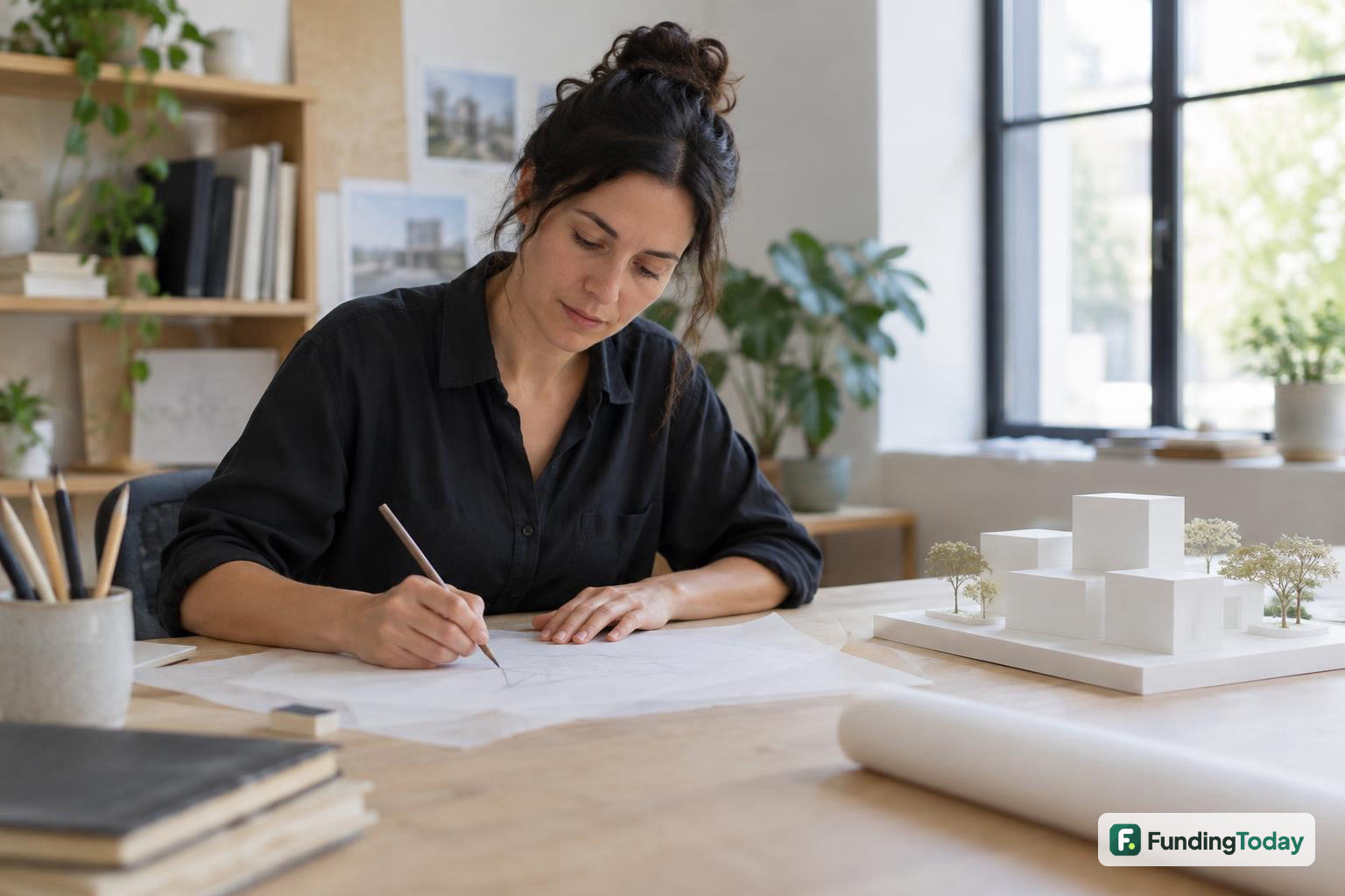 Architect sketching beside a study model while drafting an architecture firm marketing plan