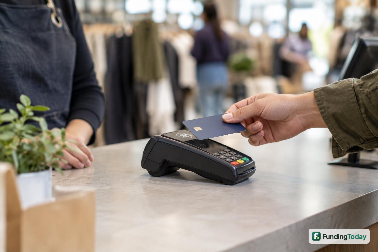 Customer card payment at a shop counter, the sales that drive merchant cash advance repayment