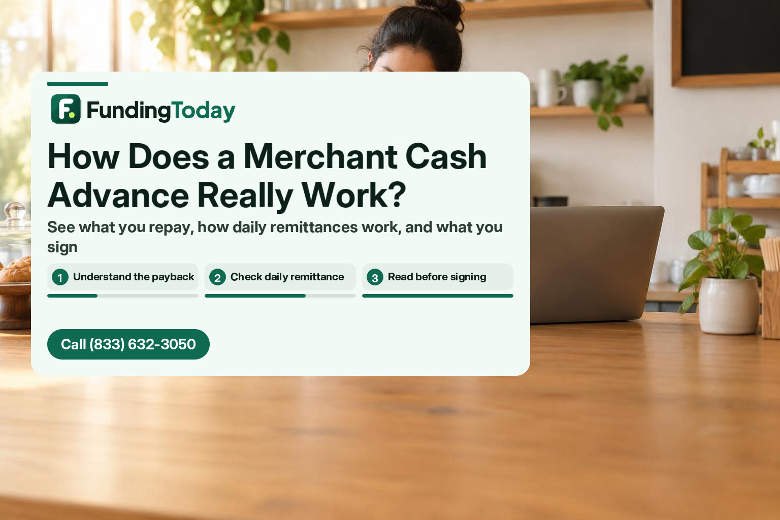 Café owner at a card terminal thinking through how does a merchant cash advance work for daily sales