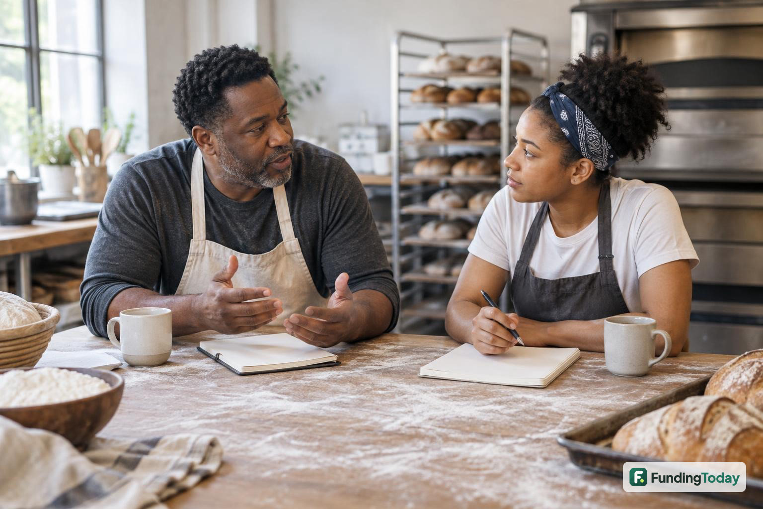 Bakery owner and employee working through a business impact analysis at a prep table