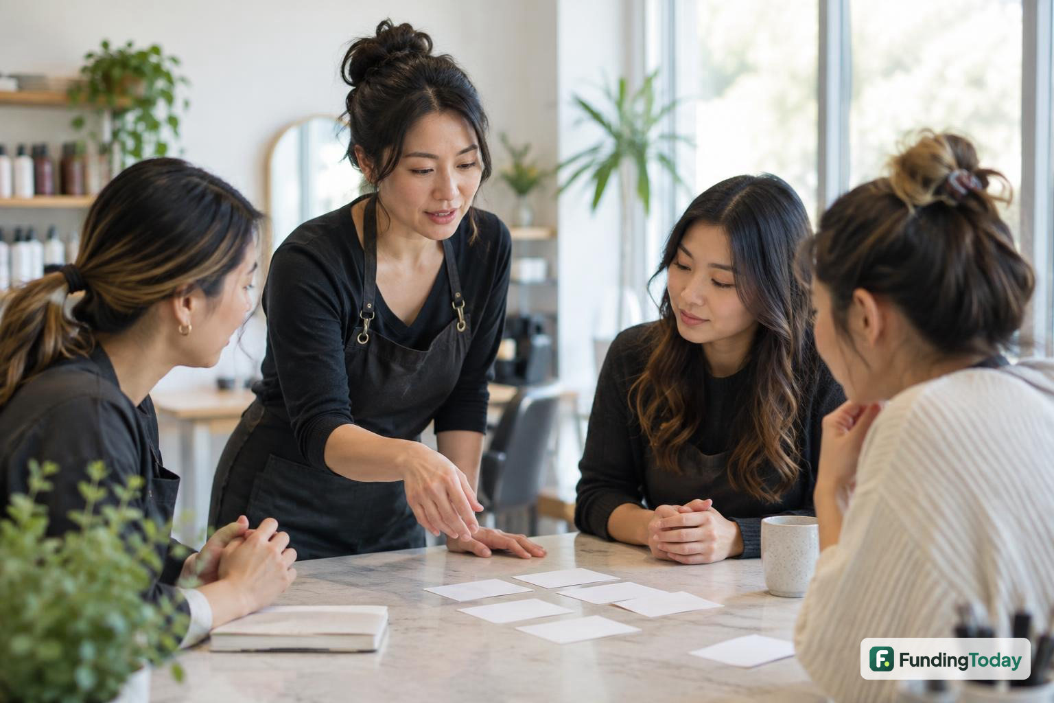 Salon owner leading her team through a tabletop exercise for their small business continuity plan
