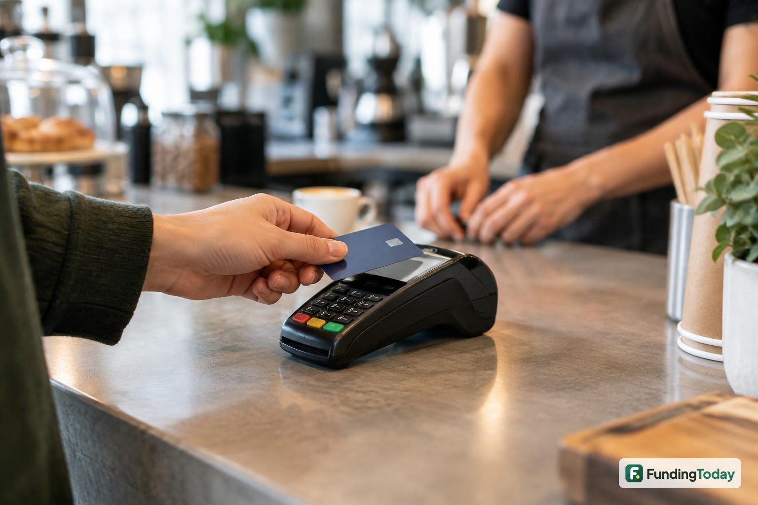 Card payment at a café checkout, the kind of card sales volume reviewed among documents for merchant cash advance