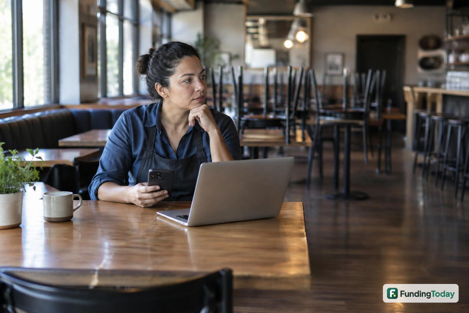 Restaurant owner after hours thinking about the credit score for merchant cash advance options