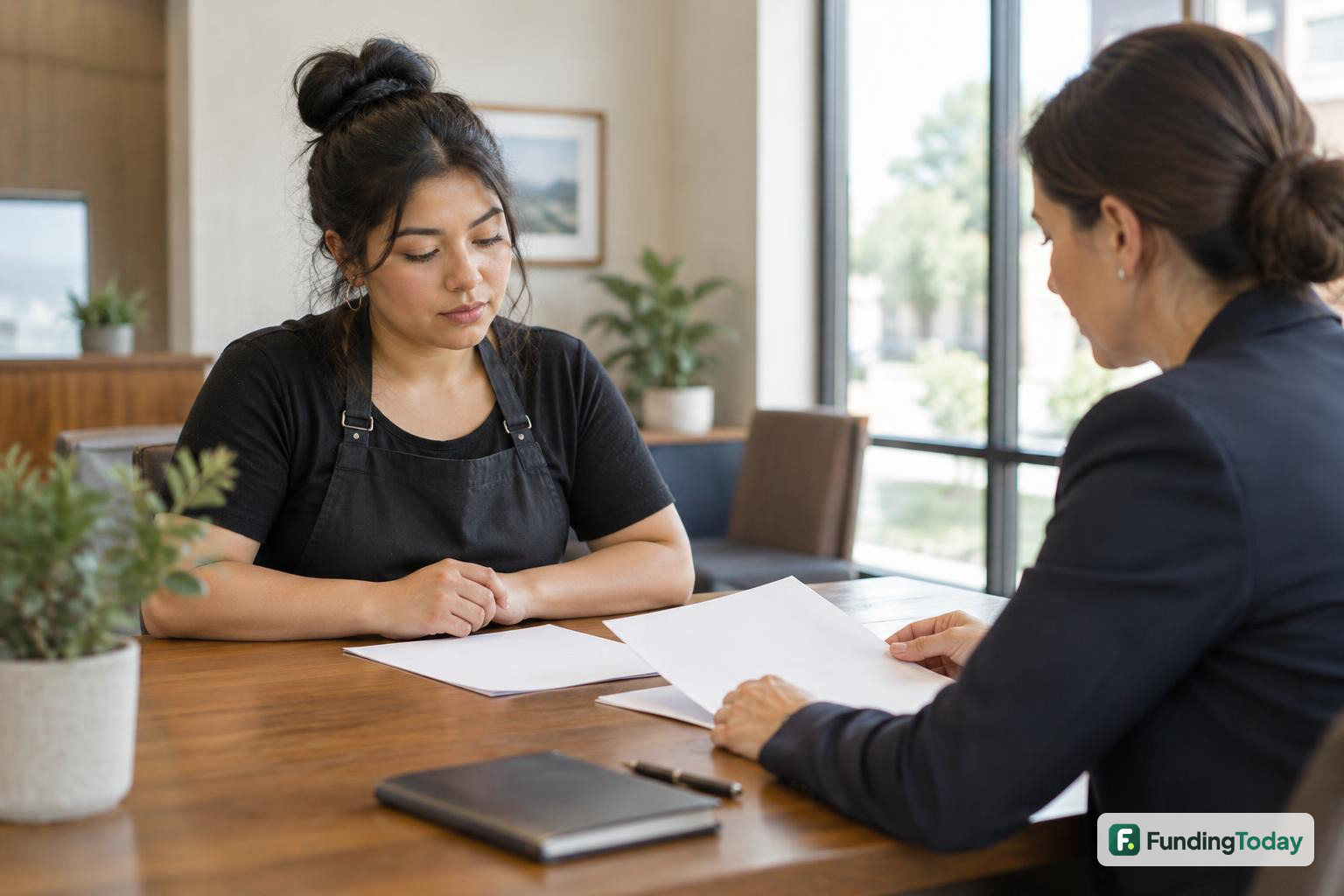 Salon owner meeting a banker to compare an mca vs sba loan for long-term growth