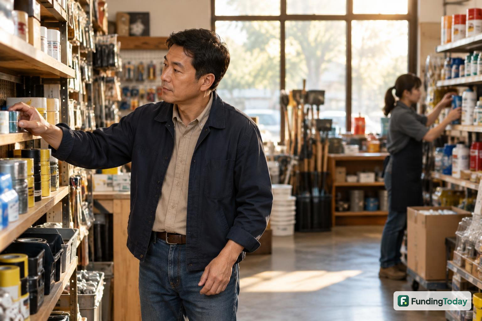 Hardware shop owner reviewing inventory needs while considering business funding with bad credit