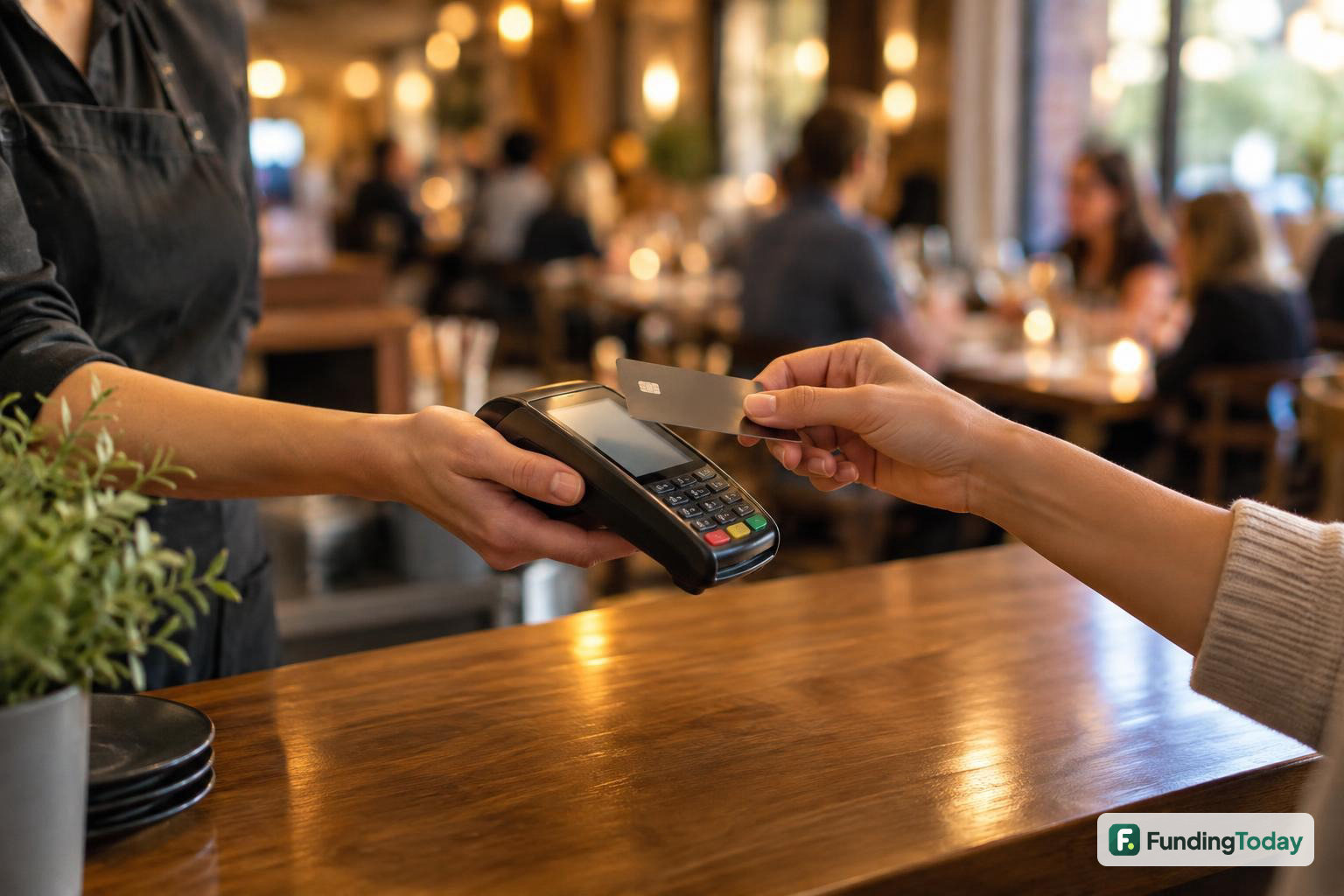 Diner taps a card at a restaurant counter, the card sales that repay a restaurant merchant cash advance