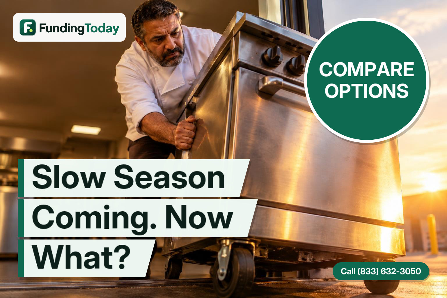 Restaurant owner wheels a new commercial range into his kitchen, an equipment purchase that restaurant business funding can cover