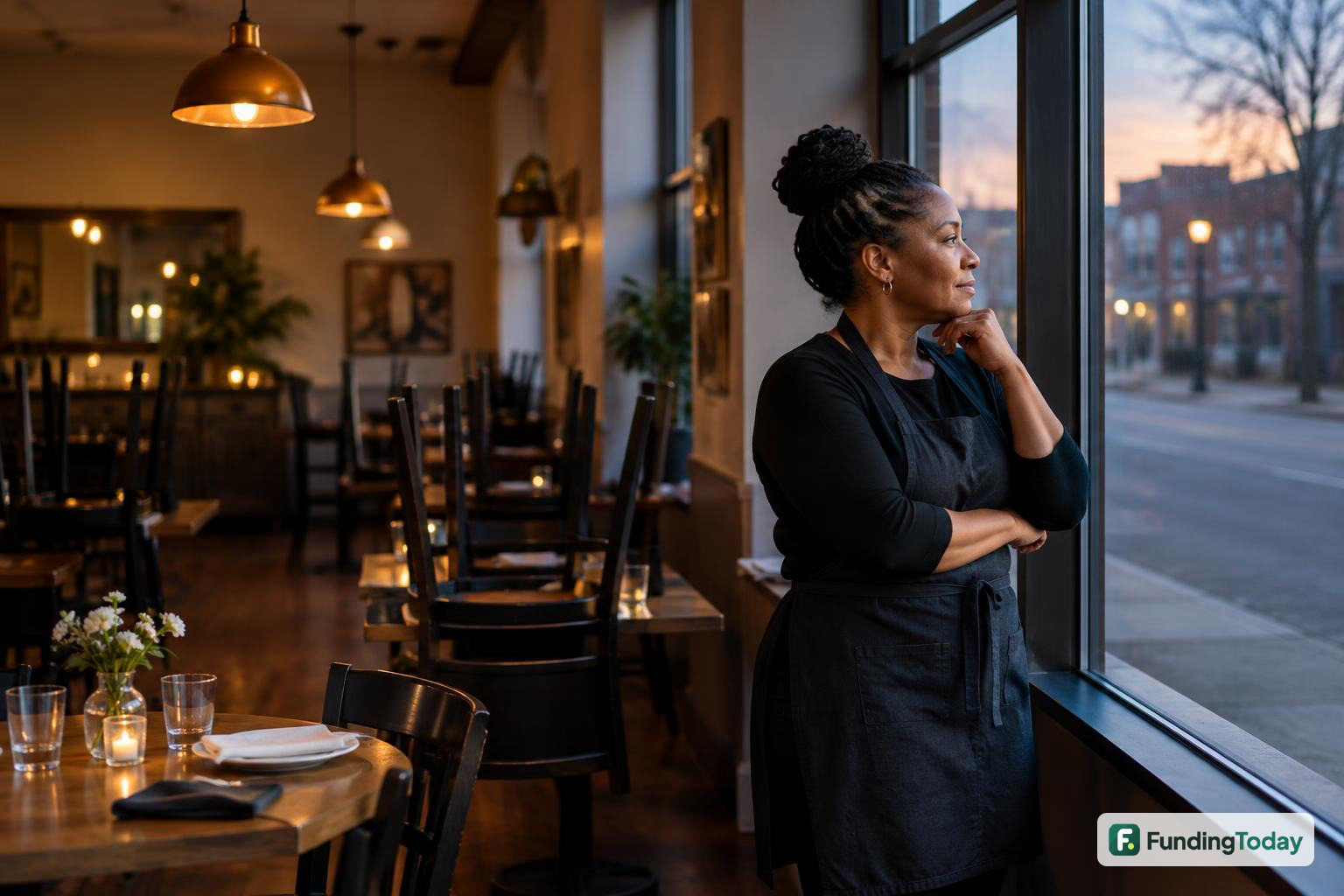 Owner of a quiet restaurant at dusk thinking about restaurant working capital for the slow season