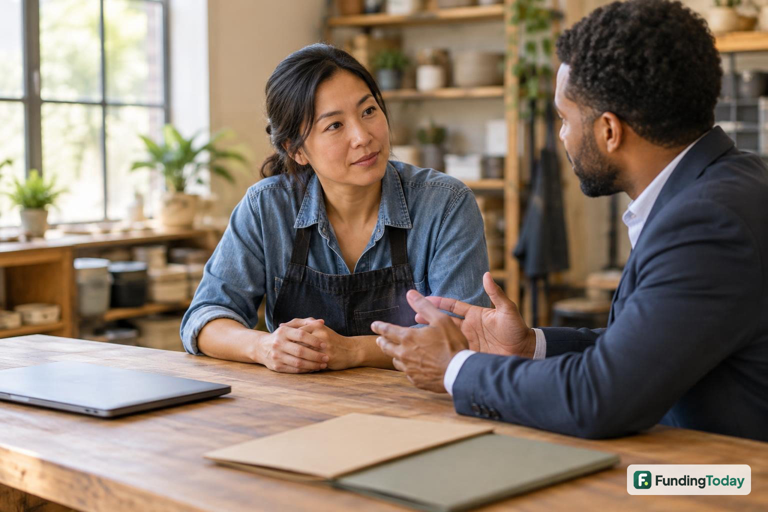 Small-business owner discussing an MCA factor rate and financing costs with an adviser