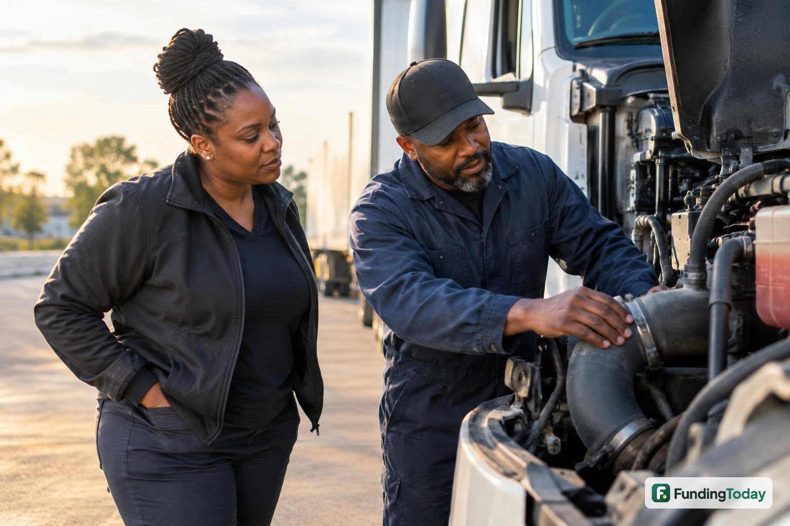 Truck owner discussing an engine repair while weighing truck repair financing